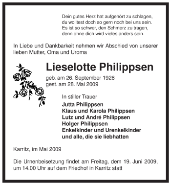 Traueranzeige von Lieselotte Philippsen von ALLGEMEINE ZEITUNG UELZEN