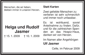 Traueranzeige von Helga Jasmer von ALLGEMEINE ZEITUNG UELZEN