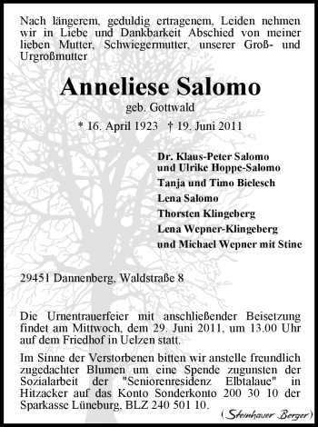 Traueranzeige von Anneliese Salomo von ALLGEMEINE ZEITUNG UELZEN