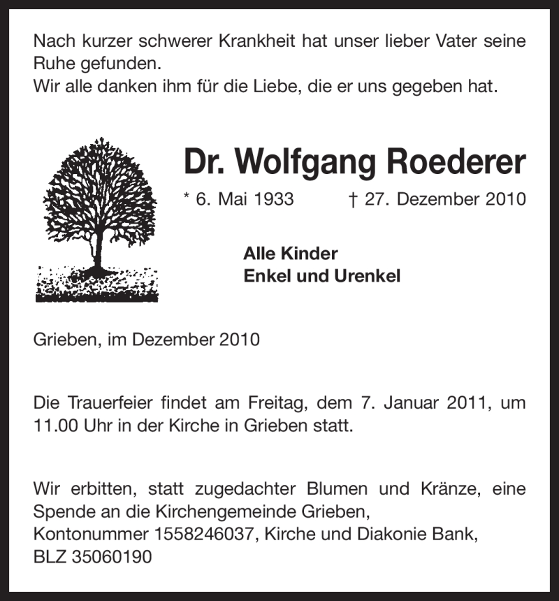  Traueranzeige für Wolfgang Roederer vom 31.12.2010 aus ALLGEMEINE ZEITUNG UELZEN