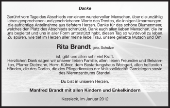 Traueranzeige von Rita Brandt von ALLGEMEINE ZEITUNG UELZEN