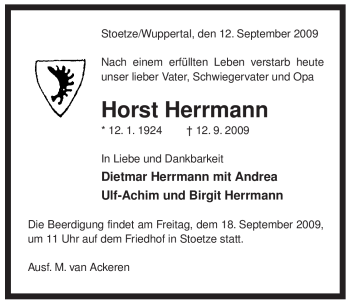 Traueranzeige von Horst Herrmann von ALLGEMEINE ZEITUNG UELZEN