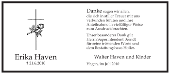 Traueranzeige von Erika Haven von ALLGEMEINE ZEITUNG UELZEN