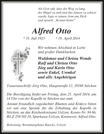 Traueranzeige von Alfred Otto von Allgemeine Zeitung Uelzen