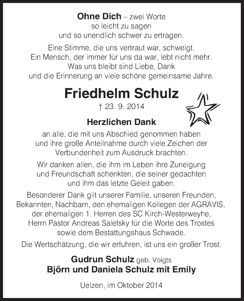  Traueranzeige für Friedhelm Schulz vom 29.10.2014 aus Allgemeine Zeitung Uelzen