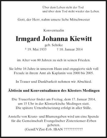 Traueranzeige von Irmgard Johanna Kiewitt von Allgemeine Zeitung Uelzen