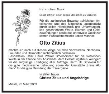 Traueranzeige von Otto Zitius von ALLGEMEINE ZEITUNG UELZEN