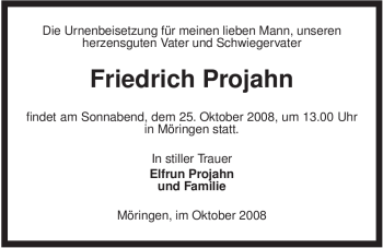 Traueranzeige von Friedrich Projahn von ALLGEMEINE ZEITUNG UELZEN