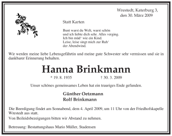 Traueranzeige von Hanna Brinkmann von ALLGEMEINE ZEITUNG UELZEN