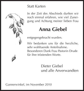 Traueranzeige von Anna Giebel von ALLGEMEINE ZEITUNG UELZEN