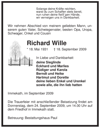 Traueranzeige von Richard Wille von ALLGEMEINE ZEITUNG UELZEN