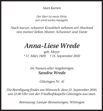 Traueranzeige von Anna-Liese Wrede von ALLGEMEINE ZEITUNG UELZEN