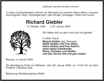 Traueranzeige von Richard Giebler von ALLGEMEINE ZEITUNG UELZEN