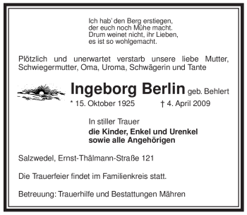Traueranzeige von Ingeborg Berlin von ALLGEMEINE ZEITUNG UELZEN