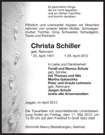 Traueranzeige von Christa Schiller von ALLGEMEINE ZEITUNG UELZEN