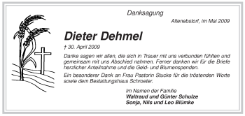 Traueranzeige von Dieter Dehmel von ALLGEMEINE ZEITUNG UELZEN