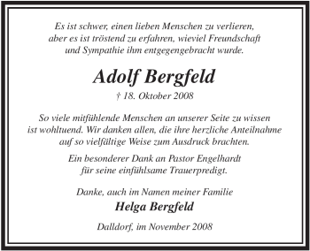 Traueranzeige von Adolf Bergfeld von ALLGEMEINE ZEITUNG UELZEN