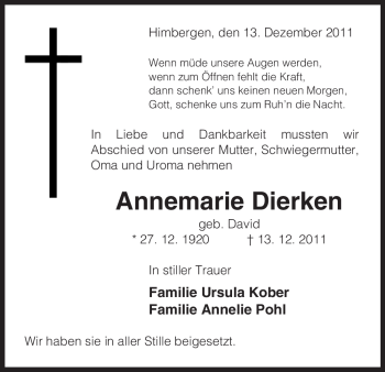 Traueranzeige von Annemarie Dierken von ALLGEMEINE ZEITUNG UELZEN
