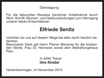 Traueranzeige von Elfriede Senitz von ALLGEMEINE ZEITUNG UELZEN