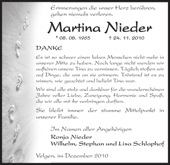 Traueranzeige von Martina Nieder von ALLGEMEINE ZEITUNG UELZEN