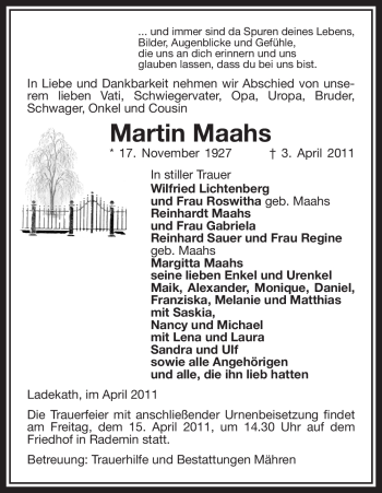 Traueranzeige von Martin Maahs von ALLGEMEINE ZEITUNG UELZEN