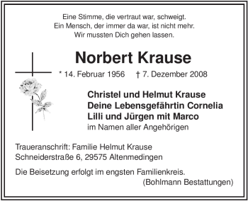 Traueranzeige von Norbert Krause von ALLGEMEINE ZEITUNG UELZEN