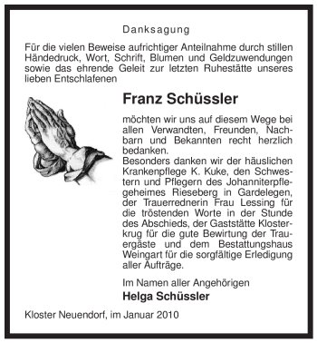 Traueranzeige von Franz Schüssler von ALLGEMEINE ZEITUNG UELZEN