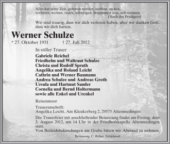 Traueranzeige von Werner Schulze von ALLGEMEINE ZEITUNG UELZEN