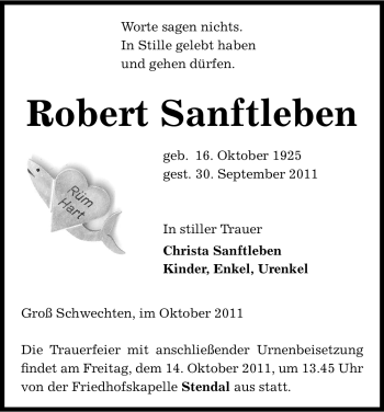 Traueranzeige von Robert Sanftleben von ALLGEMEINE ZEITUNG UELZEN