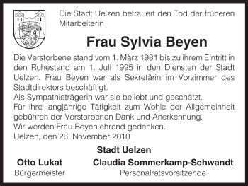 Traueranzeige von Sylvia Beyen von ALLGEMEINE ZEITUNG UELZEN