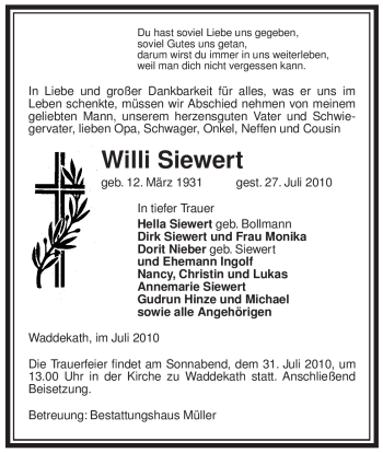 Traueranzeige von Willi Siewert von ALLGEMEINE ZEITUNG UELZEN