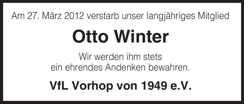  Traueranzeige für Otto Winter vom 30.03.2012 aus ALLGEMEINE ZEITUNG UELZEN