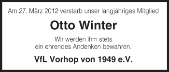 Traueranzeige von Otto Winter von ALLGEMEINE ZEITUNG UELZEN