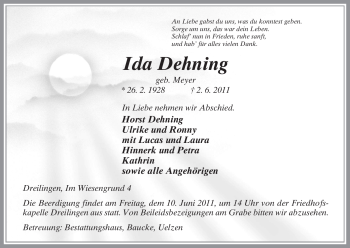 Traueranzeige von Ida Dehning von ALLGEMEINE ZEITUNG UELZEN