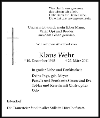 Traueranzeige von Klaus Wehr von ALLGEMEINE ZEITUNG UELZEN