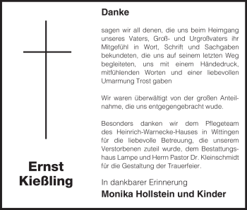 Traueranzeige von Ernst Kießling von ALLGEMEINE ZEITUNG UELZEN