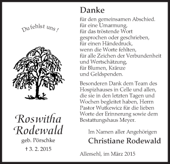 Traueranzeige von Roswitha Rodewald von Uelzen