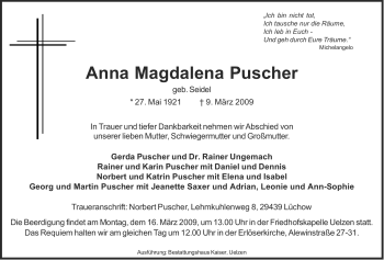 Traueranzeige von Magdalena Puscher von ALLGEMEINE ZEITUNG UELZEN