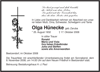 Traueranzeige von Olga Hünecke von ALLGEMEINE ZEITUNG UELZEN