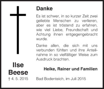 Traueranzeige von Ilse Beese von Uelzen