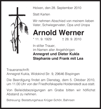 Traueranzeige von Arnold Werner von ALLGEMEINE ZEITUNG UELZEN