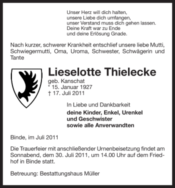 Traueranzeige von Lieselotte Thielecke von ALLGEMEINE ZEITUNG UELZEN