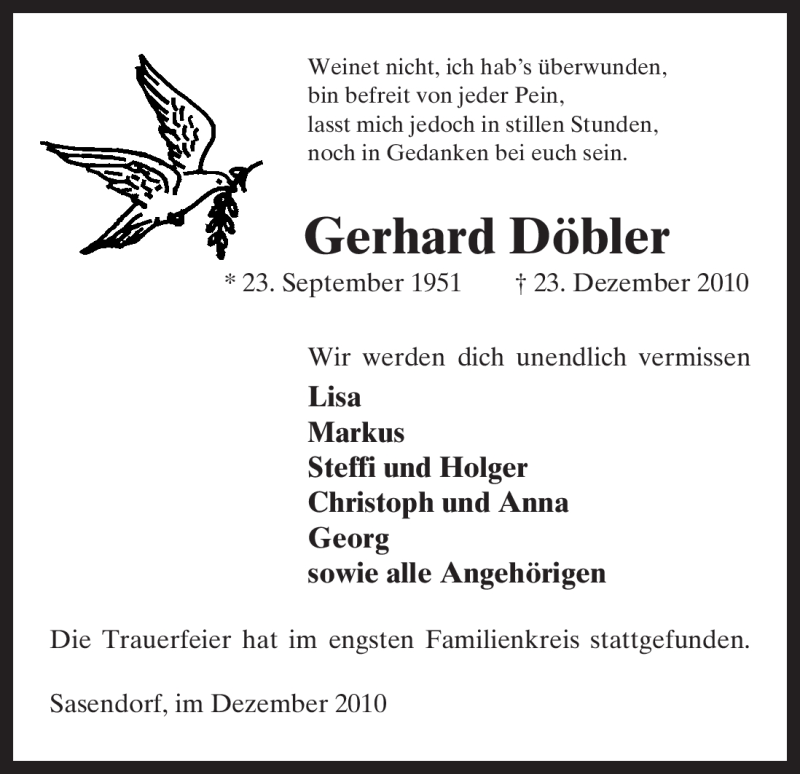  Traueranzeige für Gerhard Döbler vom 31.12.2010 aus ALLGEMEINE ZEITUNG UELZEN