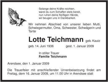Traueranzeige von Lotte Teichmann von ALLGEMEINE ZEITUNG UELZEN