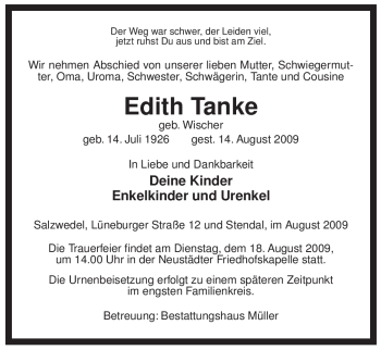 Traueranzeige von Edith Tanke von ALLGEMEINE ZEITUNG UELZEN