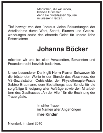 Traueranzeige von Johanna Böcker von ALLGEMEINE ZEITUNG UELZEN