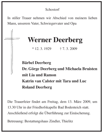 Traueranzeige von Werner Deerberg von ALLGEMEINE ZEITUNG UELZEN