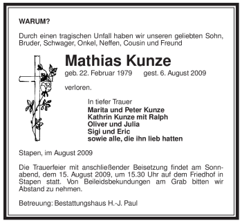 Traueranzeige von Mathias Kunze von ALLGEMEINE ZEITUNG UELZEN