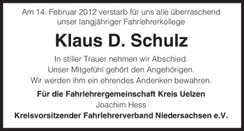 Traueranzeige von Klaus D. Schulz von ALLGEMEINE ZEITUNG UELZEN