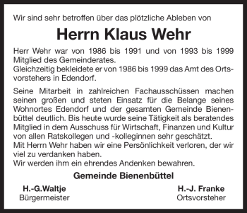 Traueranzeige von Klaus Wehr von ALLGEMEINE ZEITUNG UELZEN